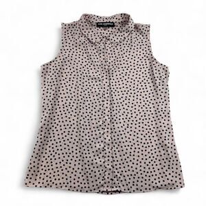 Karl Lagerfeld Pink Polka Dot Blouse Women’s L Pearl Button Navy Designer Top